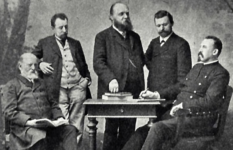 Die erste SPD-Fraktion im Bayerischen Landtag. Gabriel Löwenstein, Franz J. Ehrhart, Karl Grillenberger, Johannes Scherm, Georg v. Vollmar (von links)