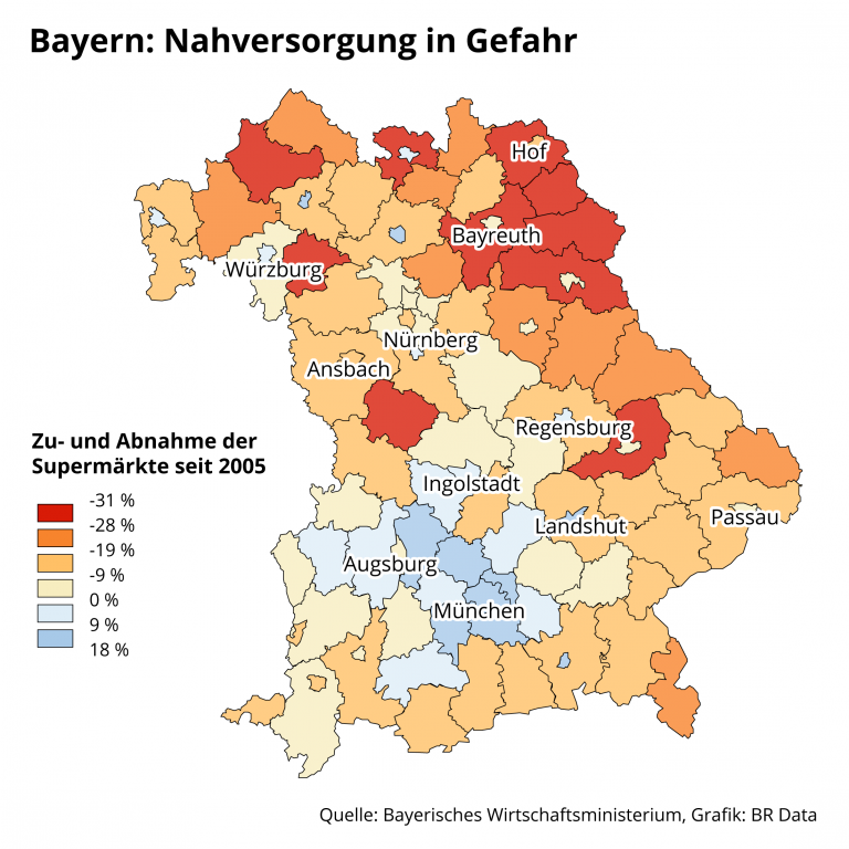 BR-Karte: Entwicklung Lebensmitteläden in Bayern